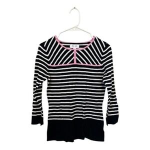 Elle Black and White Striped Top with Pink Trim Size Small